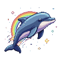 A blue and purple pixelated dolphin leaps through a black sky filled with scattered light pixels, with a vibrant rainbow arching behind it.