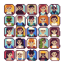 Grid of diverse pixel art character portraits with varied skin tones, hairstyles, and accessories.