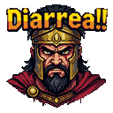 Fierce Greek warrior in ornate golden helmet and red cloak stares intensely, with fiery pixelated text "Diarrea!!" above.