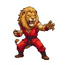 Lion-headed warrior in a red gi, roaring with a golden mane, in a dynamic fighting stance with outstretched arms and claws.