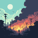 Apocalyptic Sunset: Lone Figure Walks Towards Ruined City