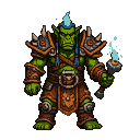 Orc shaman with green skin, blue flame crest, and crackling blue energy in its outstretched hand.
