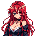 Young woman with long, bright red hair, large expressive eyes, wearing a dark gothic dress with red accents and a black choker.