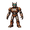 A hulking robot with burnt orange and gunmetal grey armor, glowing teal optical sensors in a skull-like head, and a small red square emblem on its chest.