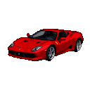 A vibrant red Enzo Ferrari in a three-quarter view against a black background, with silver wheels and tinted windows.