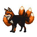 A nine-tailed fox with black and orange pixelated fur, standing alert with its head turned left.