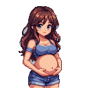 Young woman with flowing brown hair and blue eyes, smiling and cradling her pregnant belly, wearing a blue halter top and denim shorts.