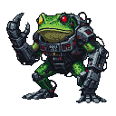 Cyborg frog with green skin, dark metallic armor, glowing red accents, a yellow left eye, and a red cybernetic right eye. Its left arm is a mechanical claw, and its right arm is cybernetically enhanced.