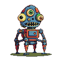Four-legged robot with three bulbous eyes (two yellow, one green) and a jagged, toothy grin, its blue and red segmented body supported by spindly legs.