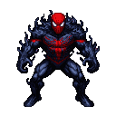 A figure with Spider-Man's red mask and chest emblem integrated into a dark, amorphous, muscular form with pulsing red accents.