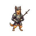 Dog knight in pixelated plate armor holding a stick sword.