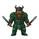 Dwarf Warrior: Green Armor, Twin Swords, Battle Ready