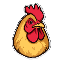 Stern rooster head with vibrant red comb and wattle, and a beady dark eye, rendered in a pixel art style.