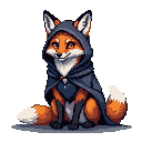 A feral fox with bright orange fur, wearing a dark blue hooded cloak, sits with a knowing smirk. Its white-tipped bushy tail rests beside it.