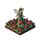 Pixie with translucent wings among a vibrant isometric strawberry patch.