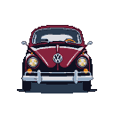 Burgundy Volkswagen Beetle with yellow headlights and chrome bumper.