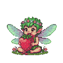 A cherubic fairy with pointed ears and floral wreath in green, leafy hair sits cross-legged on grass, eating a large strawberry. Small mushrooms flank the fairy.