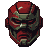 Heavily armored helmet with glowing red eyes and angular features.