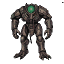 Bipedal creature with metallic armor, a large luminous green orb for a head, and small orange eyes.