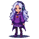 Pixel character with platinum-violet hair, purple hoodie, gold-flecked skirt, cyan headphones, amber eyes, feathery wings, and a digital code shawl.