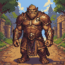 A muscular ogre warrior in weathered metallic armor stands on a medieval road.