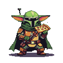 The Mandalorian in his green helmet and orange armor holds a slice of pepperoni pizza.