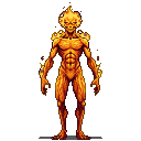 Humanoid figure made of flickering flames and glowing embers, with a stern, skeletal face.