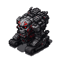 A menacing mechanical skull with glowing red eyes and jagged teeth, mounted on a tank-like chassis with wide treads.