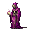 Pixel Art: skeleton mage in vivid purple robes, cel-shaded colors
