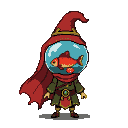 A figure wearing a crimson cape and gold-trimmed green tunic has a fishbowl containing an orange goldfish in place of their head.
