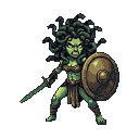 Pixel Art: medusa with shield and sword