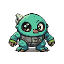 A round, teal creature with large eyes, a brown snout, metallic grey armor, and green accents on its limbs. A white protrusion extends from its head.