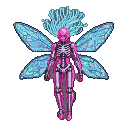 An android with a translucent pink outer shell and a chrome skeleton, with glowing fiber-optic cable hair, hovering with four hard-light circuitry wings.