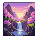 A majestic waterfall cascades into a tranquil pool, framed by mountains with cherry blossoms. The sky displays a sunset gradient of gold, lavender, and pink with wispy clouds.
