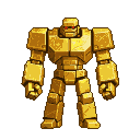 Golden pixel golem with glowing red eyes on a black background.