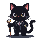 Pixel Art: Gato preto studio glibli com cicatriz usando um terno e beng...