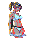 Cyberpunk girl with grey skin, light blue bikini, and yellow/grey streaked ponytail, wearing goggles on her head.