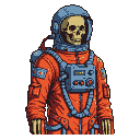 Skeletal astronaut in an orange and blue spacesuit with a visible skull through the helmet, standing against a black background.