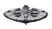 A colossal, grey and white metallic mothership with glowing yellow accents, featuring a saucer-like central body and outward-extending structures.