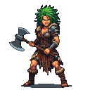 Fierce female barbarian with wild green hair grips a double-headed axe, wearing leather armor with fur and metal pauldrons, in a powerful battle stance.