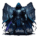 Knight in damaged wolf-motif armor, tattered azure cape, and glowing purple-blue greatsword, stands against coliseum ruins. Cyan eyes burn from under a broken helm. Black corruption vines crawl up the knight.