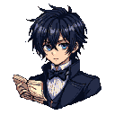 Young man with tousled dark hair and blue eyes, wearing a dark suit, white ruffled shirt, and black bowtie, holding a textured object.