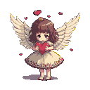 Pixie with large feathered wings, brown hair, small golden crown, cream dress with red heart border, cradling a red heart, with floating red heart petals.