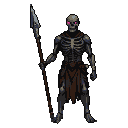 Skeletal warrior in tattered cloth and segmented armor, holding a spear, with glowing pink eye sockets.