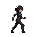 Woman in tactical black outfit with dark, choppy hair, in mid-stride, side profile, against dark background.