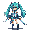 Determined pixelated character with turquoise twin-tails, wearing a blue and white outfit, holding two gleaming swords.