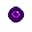 A levitating eye with a pulsating purple iris and a black pupil with a white glint, surrounded by a shadowy purple hexagonal form.