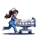 Nurse with brown ponytail, white cap with blue cross, and blue scrubs pushes a hospital gurney with a patient covered in white sheets.