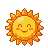 Anthropomorphic sun with closed smiling eyes, rosy cheeks, and spiky pixelated rays, radiating warmth and joy.