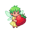 A rosy-cheeked pixie with vibrant green hair and translucent wings holds a giant ruby-red strawberry.
